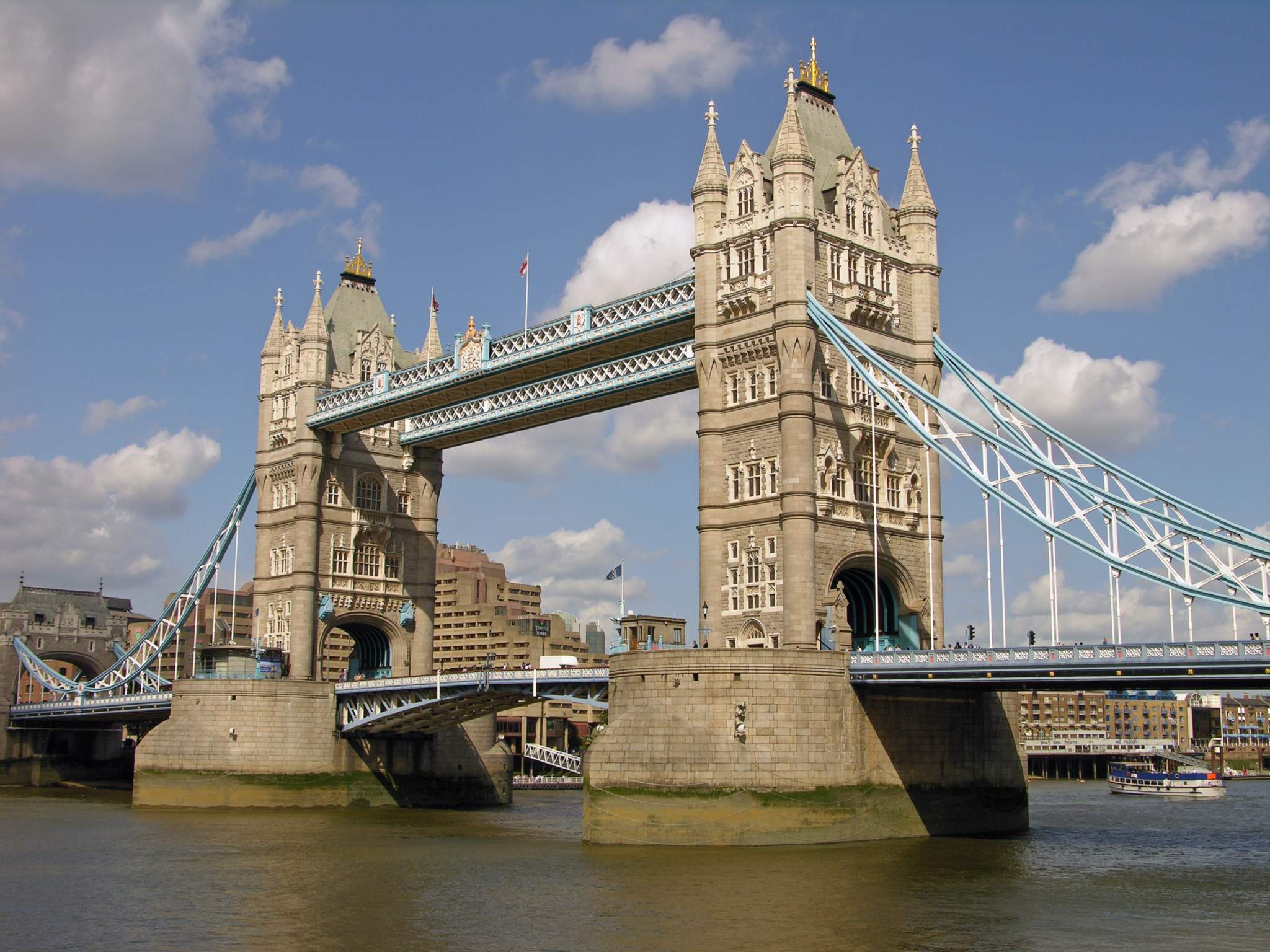 London 01 10 Tower Bridge The Tower Bridge was opened in 1894 and measures 240m between the two towers, which house the machinery for raising the bascules in 90 seconds. The upper walkway is open to visitors.